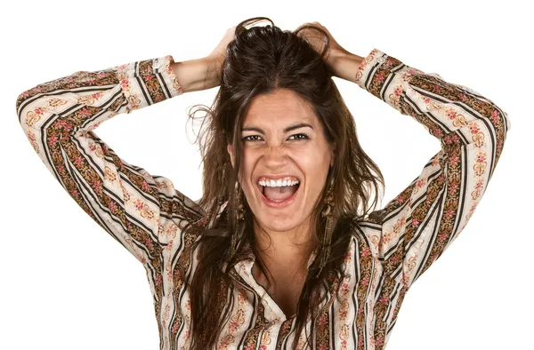 Mulher rindo com cabelo bagunçado — Fotografia de Stock