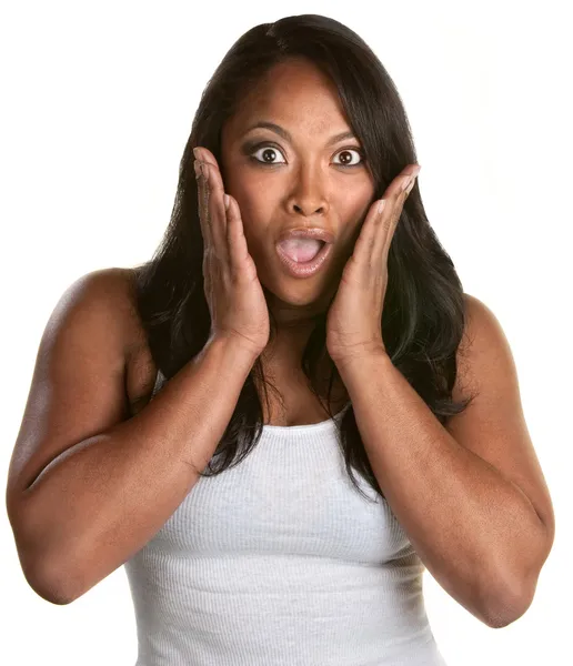 Surprised Woman with Hands on Face — Stock Photo, Image