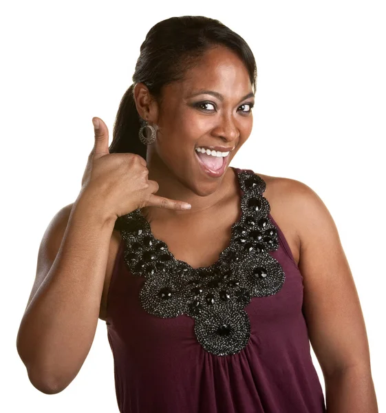 Mujer sonriente con teléfono Gesto — Foto de Stock