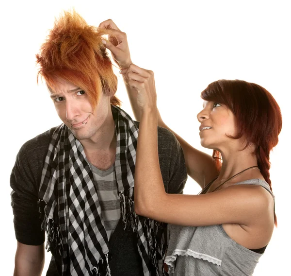 Lady Working with Man's Hair — Stock Photo, Image