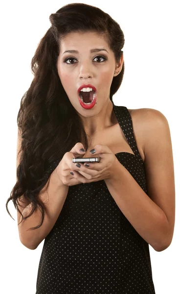 Mulher animado com telefone — Fotografia de Stock