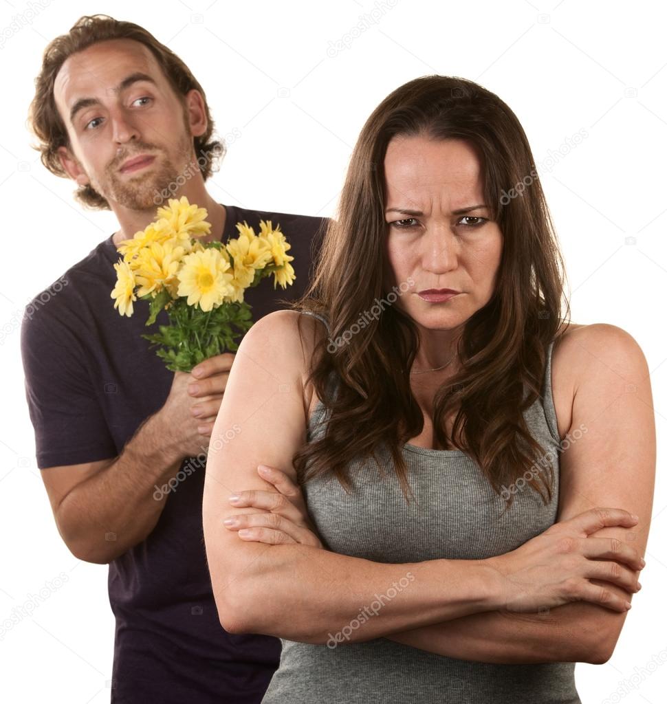 Angry Woman and Man with Flowers