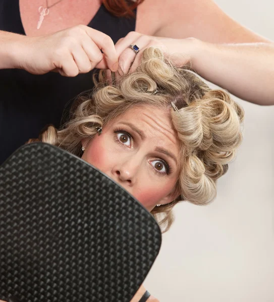 Nervous Customer in Hair Salon Royalty Free Stock Photos