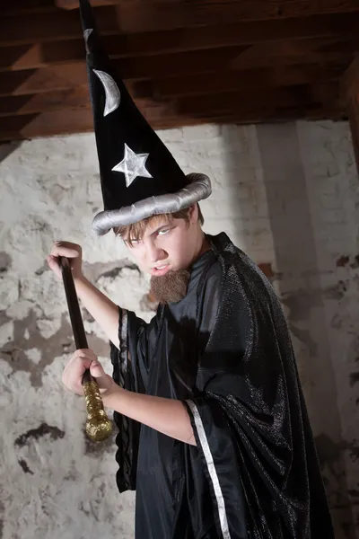 Insulted Young Wizard with Scepter — Stock Photo, Image