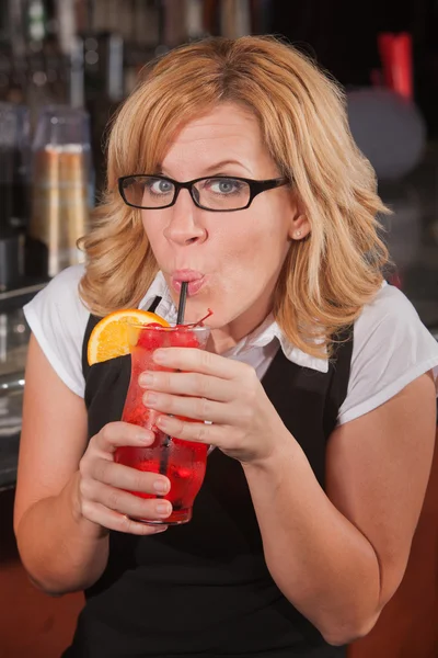 Happy Lady Sipping Drink — Stock Photo, Image