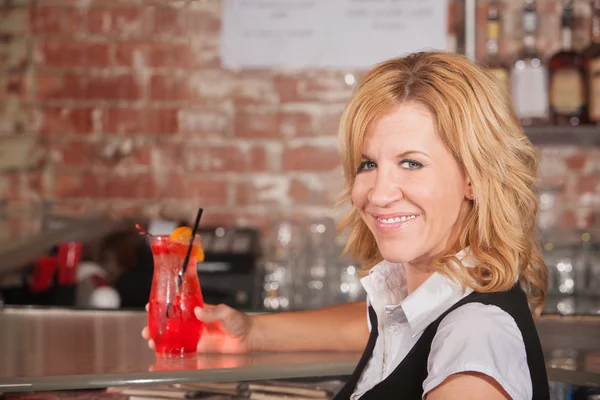 Happy Waitress with Drink — Stock Photo, Image