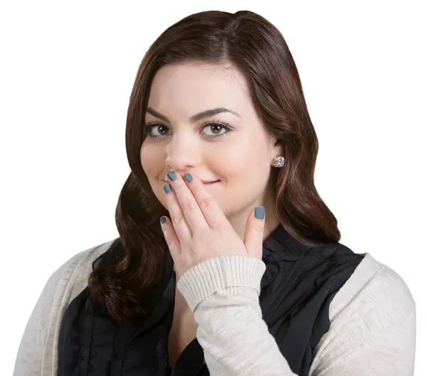 Sorrindo mulher cobrindo boca — Fotografia de Stock
