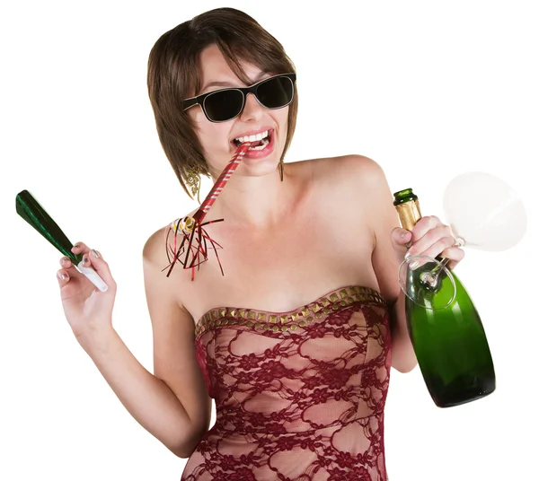 Partygirl mit Weinflasche — Stockfoto