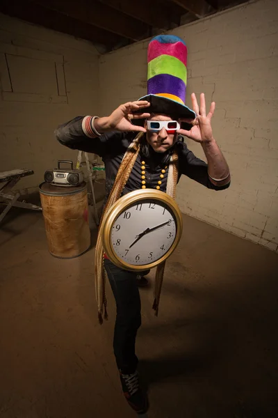 Goofy Poser with Large Clock — Stock Photo, Image