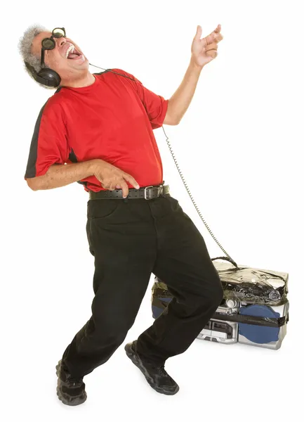 Homem feliz tocando guitarra aérea — Fotografia de Stock