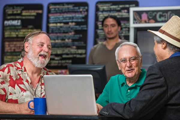 Laughing People in Cafe with Laptop — Stock Photo, Image