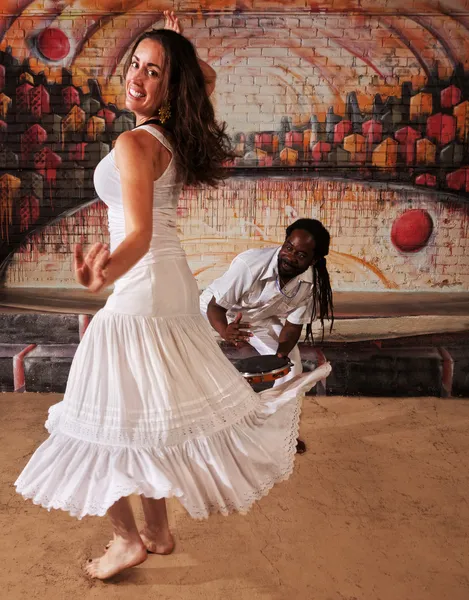 Cute Dancing Woman with Drummer — Stock Photo, Image