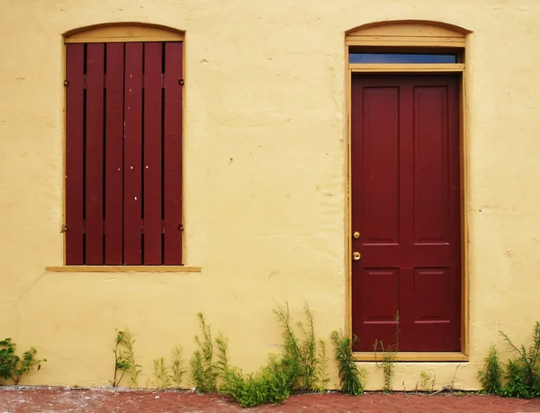 Janela, porta e ervas daninhas — Fotografia de Stock