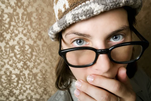 Nerdy Woman in a Knit Cap Covering Her Face — Stock Photo, Image