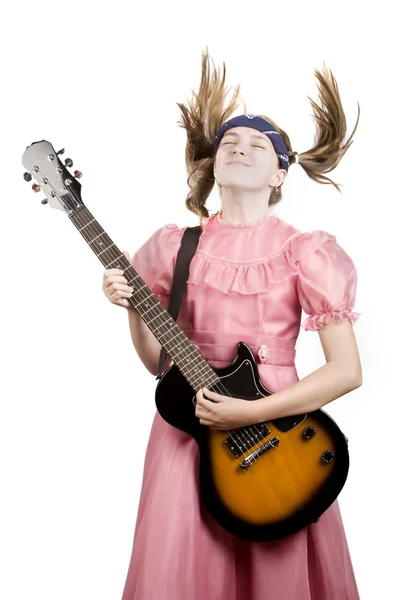 Young Girl with a Rock GuitarPlaying Headbanger Music — Stock Photo, Image