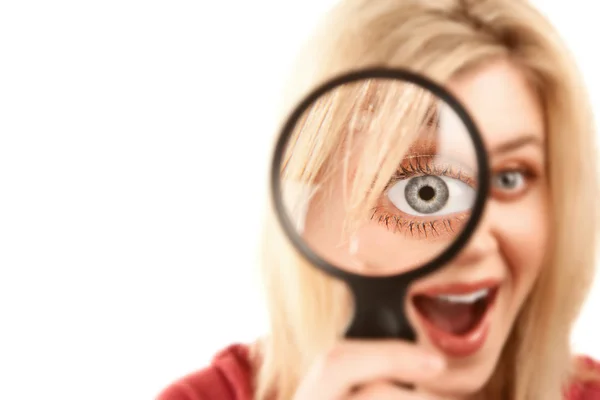 Pretty Blonde Woman with Magnifying Glass — Stock Photo, Image
