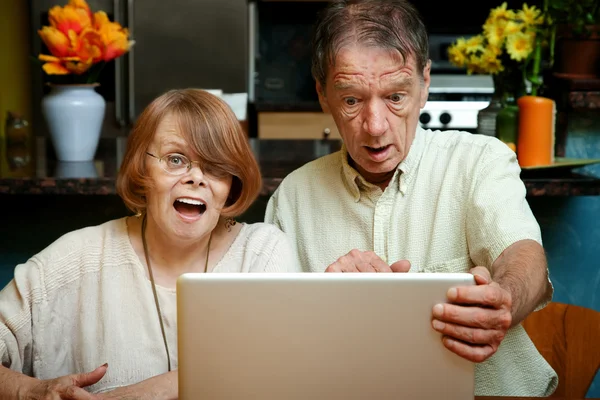 年配のカップルが自分のコンピューター上のコンテンツにショックを受けた — ストック写真
