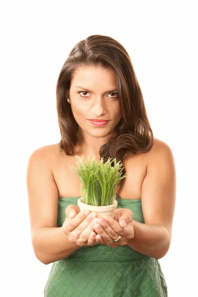 Pretty Hispanic Woman with Grass in Pot — Stock Photo, Image