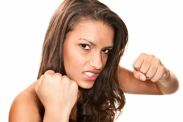 Pretty Hispanic Woman Throwing a Punch — Stock Photo, Image