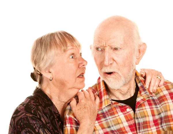 Seniorin teilt Informationen mit skeptischem Mann — Stockfoto
