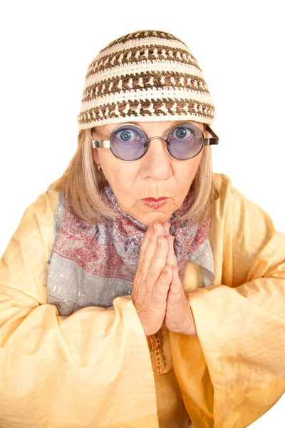 Crazy new age woman in a yellow robe — Stock Photo, Image