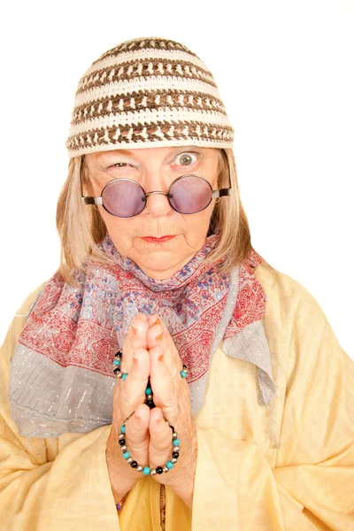 Crazy new age woman in a yellow robe — Stock Photo, Image