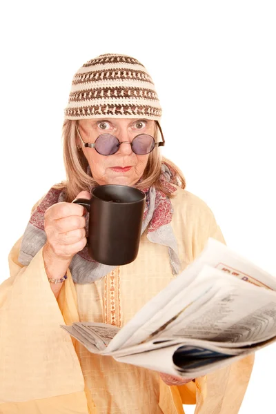 Crazy new age woman in a yellow robe — Stock Photo, Image