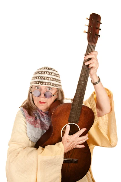 Crazy nový věk žena s kytarou — Stock fotografie