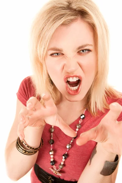 Pretty young girl lunging at camera like a cat — Stock Photo, Image