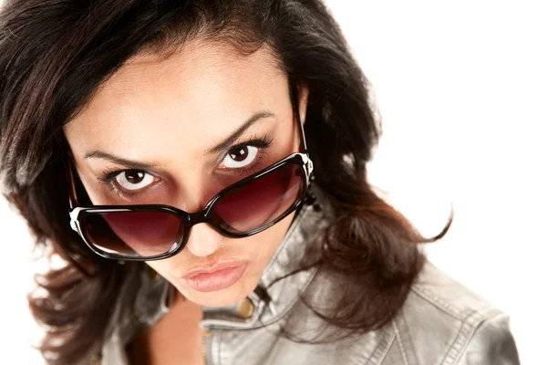 Pretty Latina Woman Looking Over Her Glasses — Stock Photo, Image