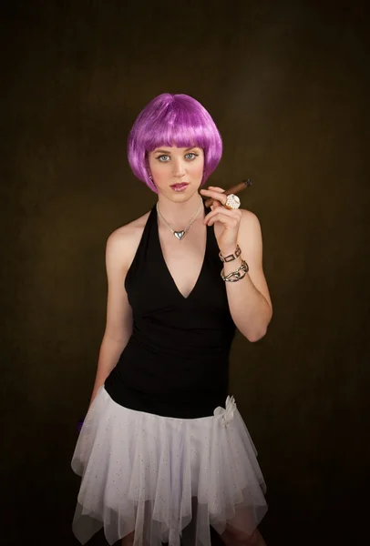 Woman with Purple Hair and Cigar — Stock Photo, Image
