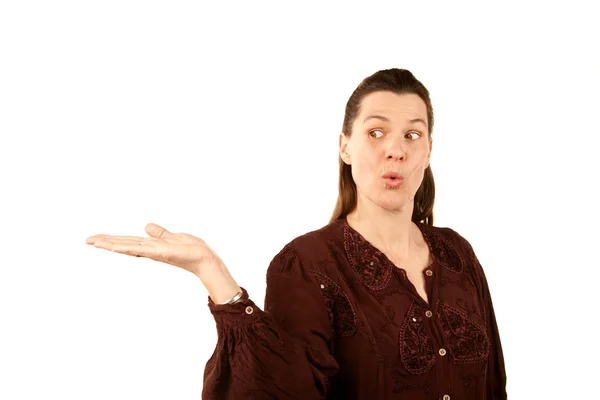 Woman holding out palm of her hand — Stock Photo, Image