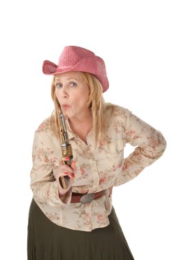 son kullanılan bir tabanca ile beyaz zemin üzerine cowgirl