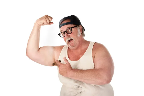 Obese man flexing muscles in tee shirt on white background — Stock Photo, Image