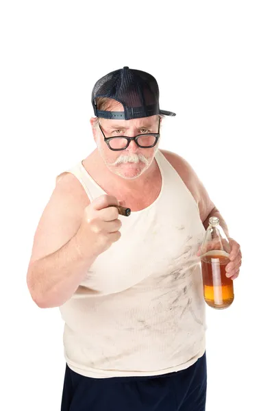 Hombre gordo con cigarro y botella de cerveza — Foto de Stock