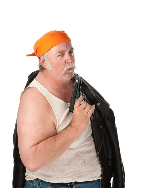 Biker with pistol — Stock Photo, Image