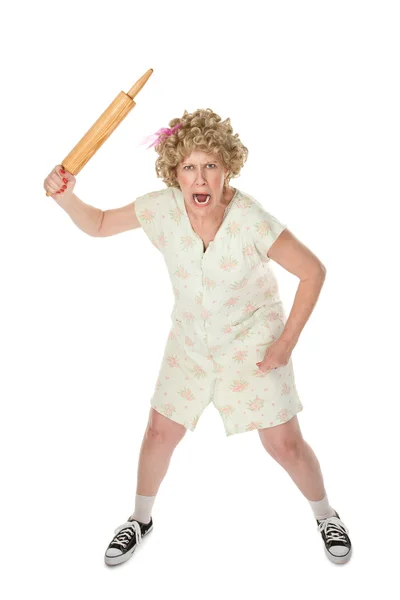 Angry womn with rolling pin — Stock Photo, Image