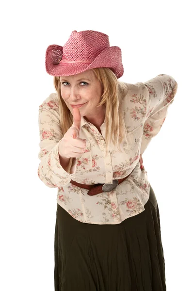 Cowgirl with pink straw hat — Stock Photo, Image