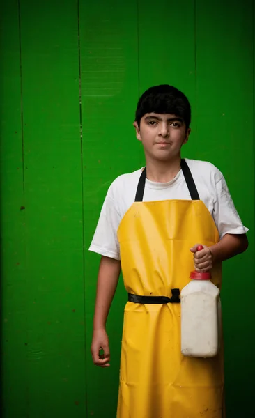 Niño trabajando en granja lechera costarricense — Foto de Stock