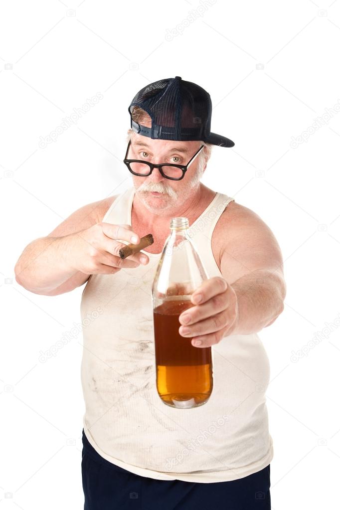 Fat man with cigar and bottle of beer