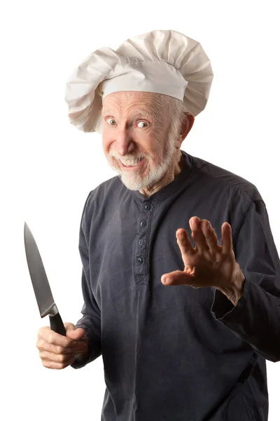 Funny senior chef with knife — Stock Photo, Image