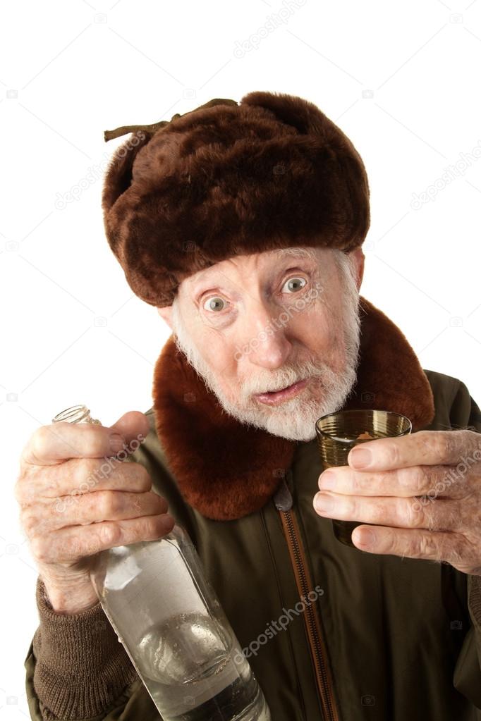 Russian Man in Fur Cap with Vodka