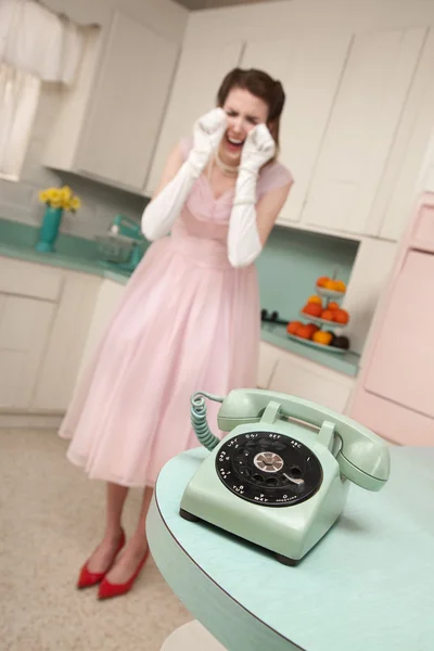 Woman Weeps By The Telephone — Stock Photo, Image