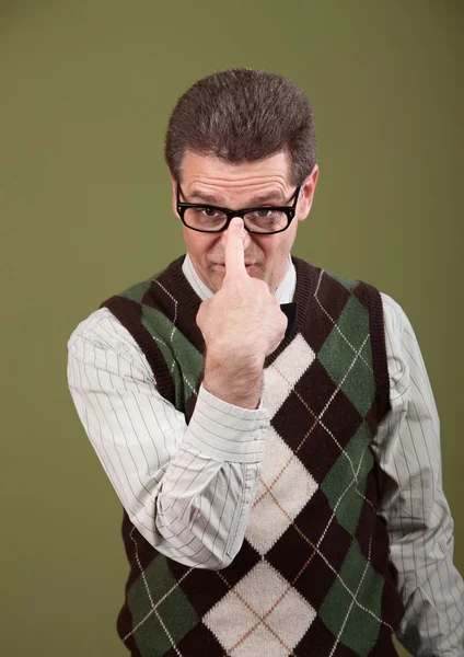 Nerd Adjusting Eyeglasses — Stock Photo, Image