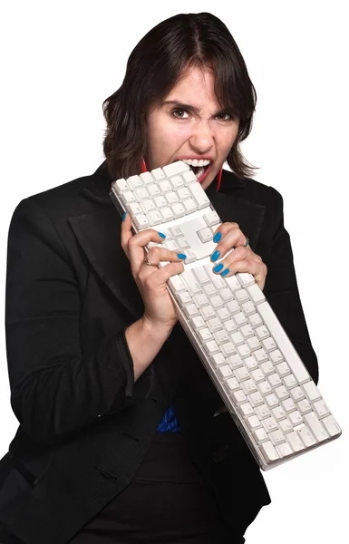Angry Woman Bites Keyboard — Stock Photo, Image