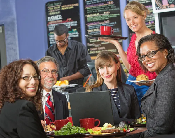 Happy Group with Laptop in Cafe — Stock Photo, Image