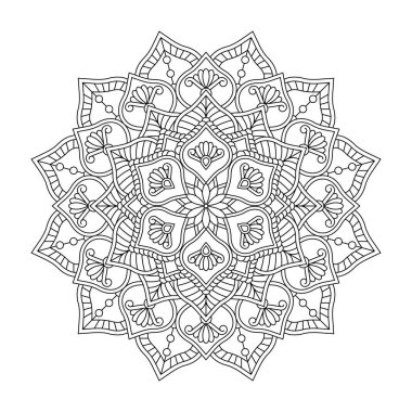 Vektör olarak izole edilmiş mandala. Yuvarlak desenli beyaz ve siyah renkler. Klasik dekoratif unsur. Orintal, Arapça, Türkçe, sehpa motifi