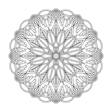 Vektör olarak izole edilmiş mandala. Yuvarlak desenli beyaz ve siyah renkler. Klasik dekoratif unsur. Orintal, Arapça, Türkçe, sehpa motifi