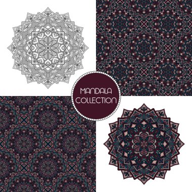 Mandala koleksiyonu. Monokrom ve renkli mandalalarla kurulmuş, doğuya özgü sembolik desenler. Orintal, Arapça, Türkçe, sedir unsurları