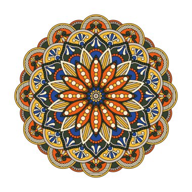 Vektör mandala beyaz arkaplanda izole edildi. Mavi ve sarı renkli süslemeli kart. Doğulu desen, tasarım için klasik dekoratif unsur